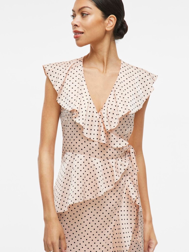 VILA Pink Spot Print Satin Frill Wrap Ankle Dress - Image 4 of 4 VILA Pink Spot Print Satin Frill Wrap Ankle Dress - Image 4 of 4