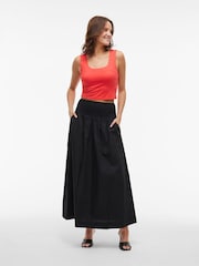 VILA Black Shirred Waist Poplin Maxi 100% Cotton Skirt - Image 2 of 6