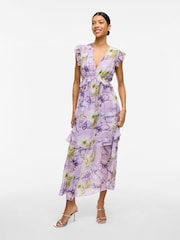 VILA Purple Printed Floral Chiffon Frill Detail Maxi Dress - Image 1 of 7