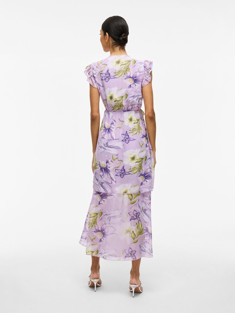 VILA Purple Printed Floral Chiffon Frill Detail Maxi Dress - Image 2 of 7