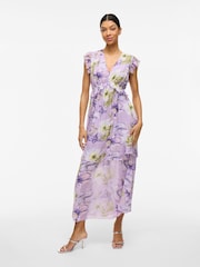 VILA Purple Printed Floral Chiffon Frill Detail Maxi Dress - Image 3 of 7