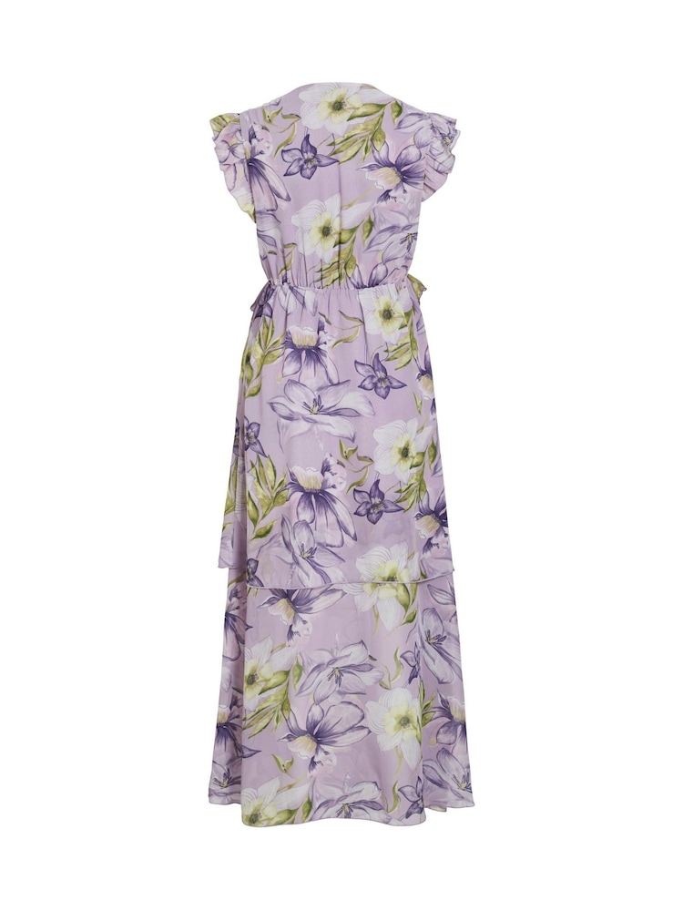 VILA Purple Printed Floral Chiffon Frill Detail Maxi Dress - Image 7 of 7