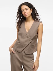 VILA Brown Asymmetric Wrap-Over Button Detail Waistcoat - Image 2 of 7