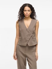 VILA Brown Asymmetric Wrap-Over Button Detail Waistcoat - Image 3 of 7
