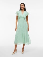 VILA Green Foil Print Chiffon Midi Frill Dress - Image 1 of 6