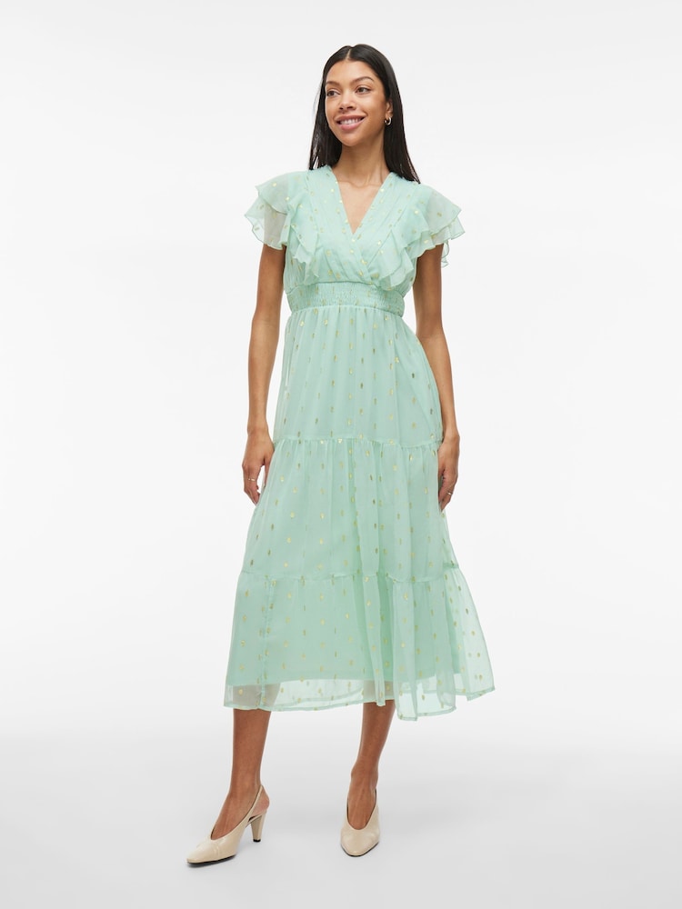 VILA Green Foil Print Chiffon Midi Frill Dress - Image 1 of 6