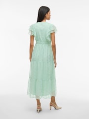 VILA Green Foil Print Chiffon Midi Frill Dress - Image 2 of 6