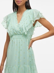VILA Green Foil Print Chiffon Midi Frill Dress - Image 3 of 6