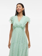 VILA Green Foil Print Chiffon Midi Frill Dress - Image 4 of 6