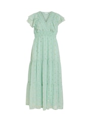 VILA Green Foil Print Chiffon Midi Frill Dress - Image 5 of 6