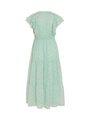 VILA Green Foil Print Chiffon Midi Frill Dress - Image 6 of 6