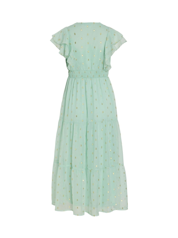VILA Green Foil Print Chiffon Midi Frill Dress - Image 6 of 6