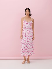 VILA Satin Jacquard Floral Print Frill Midi Dress - Изображение 1 из 8