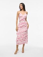 VILA Satin Jacquard Floral Print Frill Midi Dress - Изображение 3 из 8