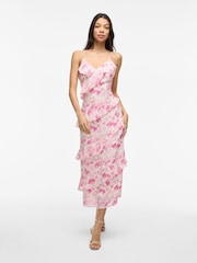 VILA Satin Jacquard Floral Print Frill Midi Dress - Изображение 4 из 8