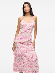 VILA Satin Jacquard Floral Print Frill Midi Dress - Изображение 5 из 8