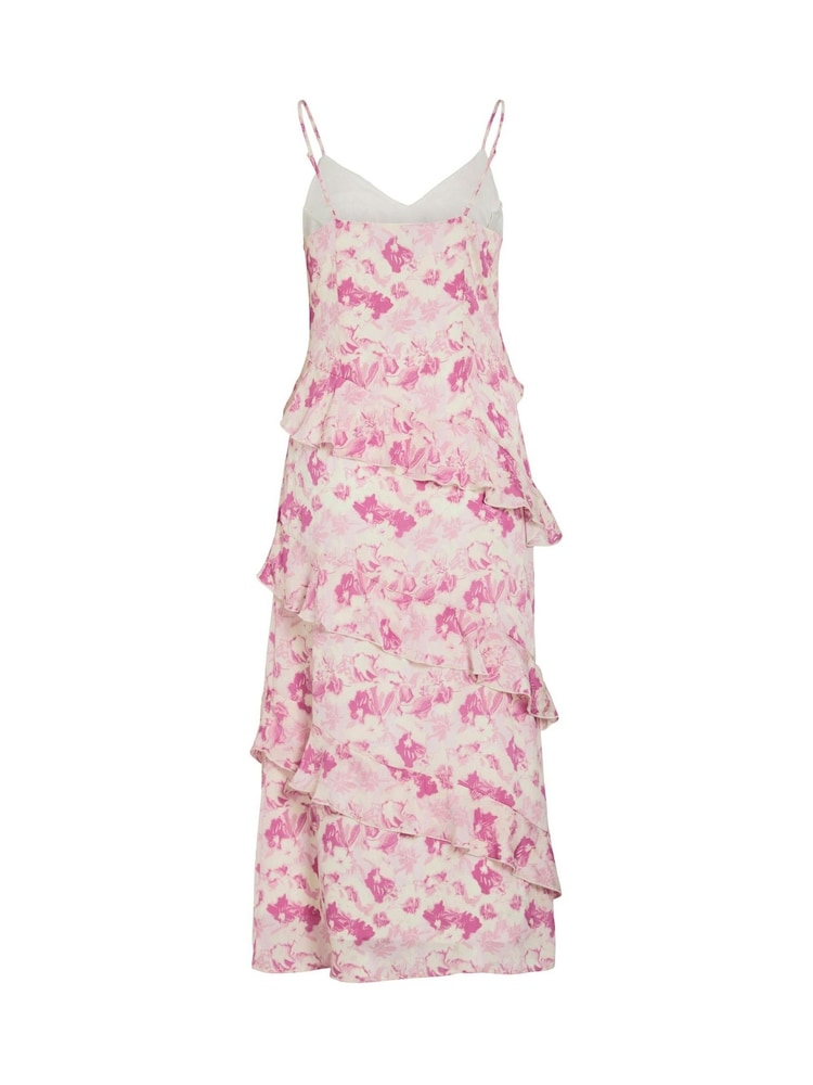 VILA Pink Satin Jacquard Floral Print Frill Midi Dress - Image 8 of 8 VILA Pink Satin Jacquard Floral Print Frill Midi Dress - Image 8 of 8