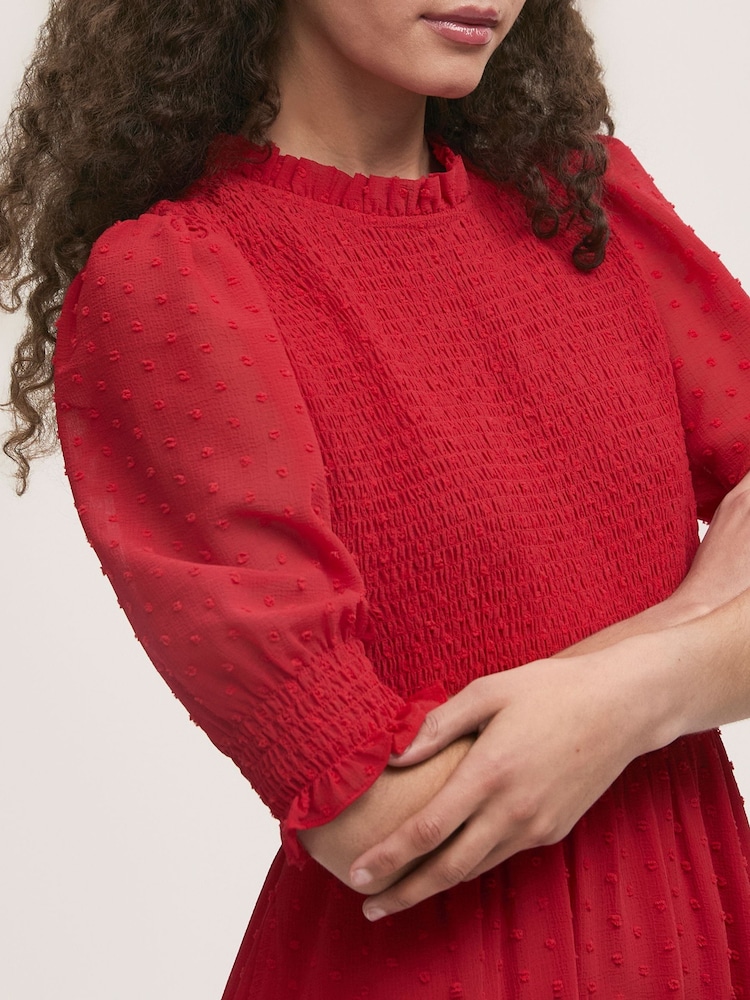 Finery Red Amelia Dobby Georgette Midi Tea Dress - Image 3 of 4