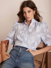Mint Velvet Blue Striped Floral 100% Cotton Blouse - Image 1 of 8