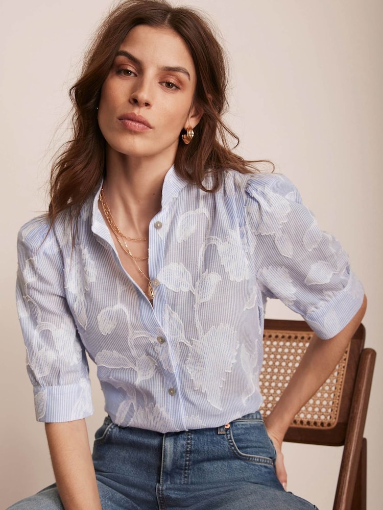 Mint Velvet Blue Striped Floral 100% Cotton Blouse - Image 2 of 8