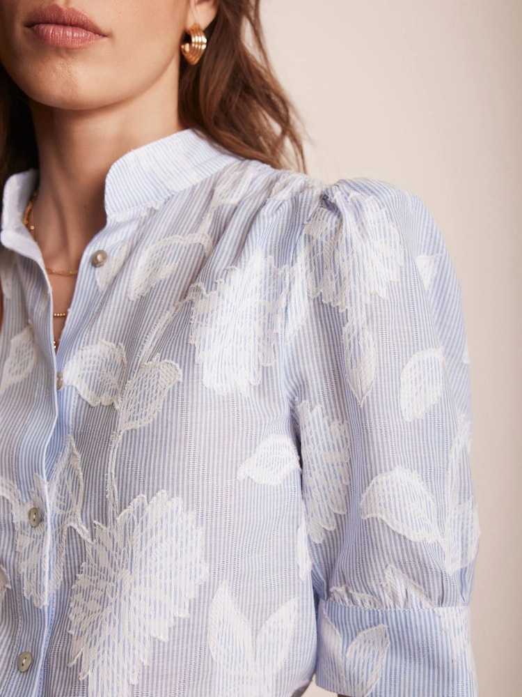 Mint Velvet Blue Striped Floral 100% Cotton Blouse - Image 4 of 8