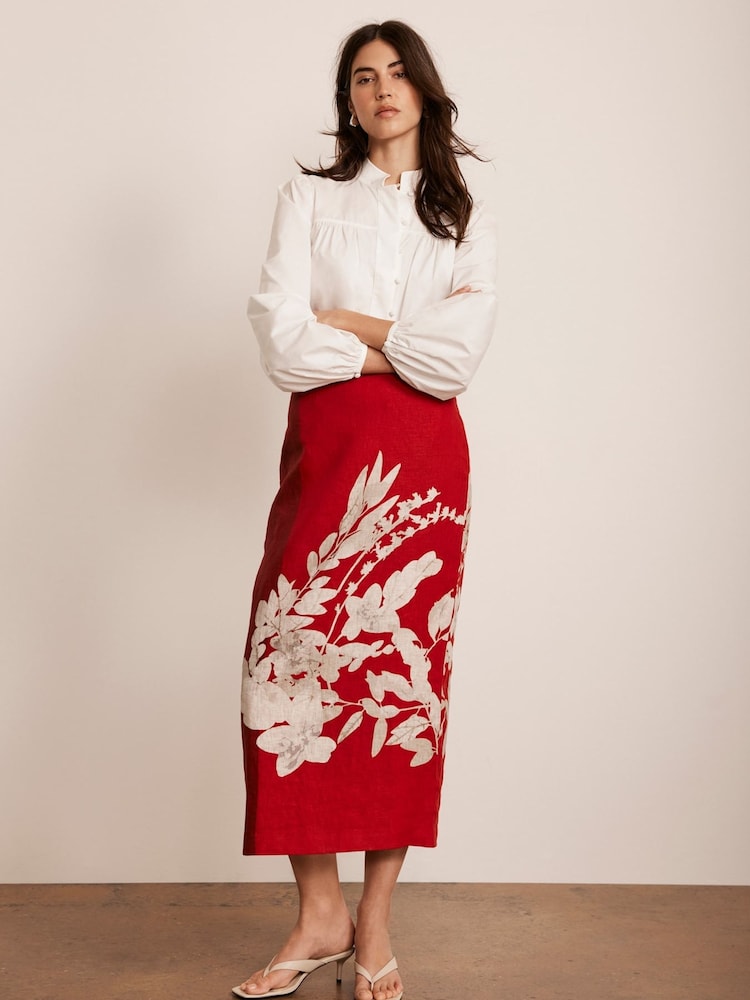 Mint Velvet Red Floral Print Pencil 100% Linen Skirt - Image 2 of 8