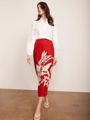 Mint Velvet Red Floral Print Pencil 100% Linen Skirt - Image 3 of 8