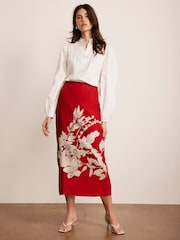 Mint Velvet Red Floral Print Pencil 100% Linen Skirt - Image 4 of 8