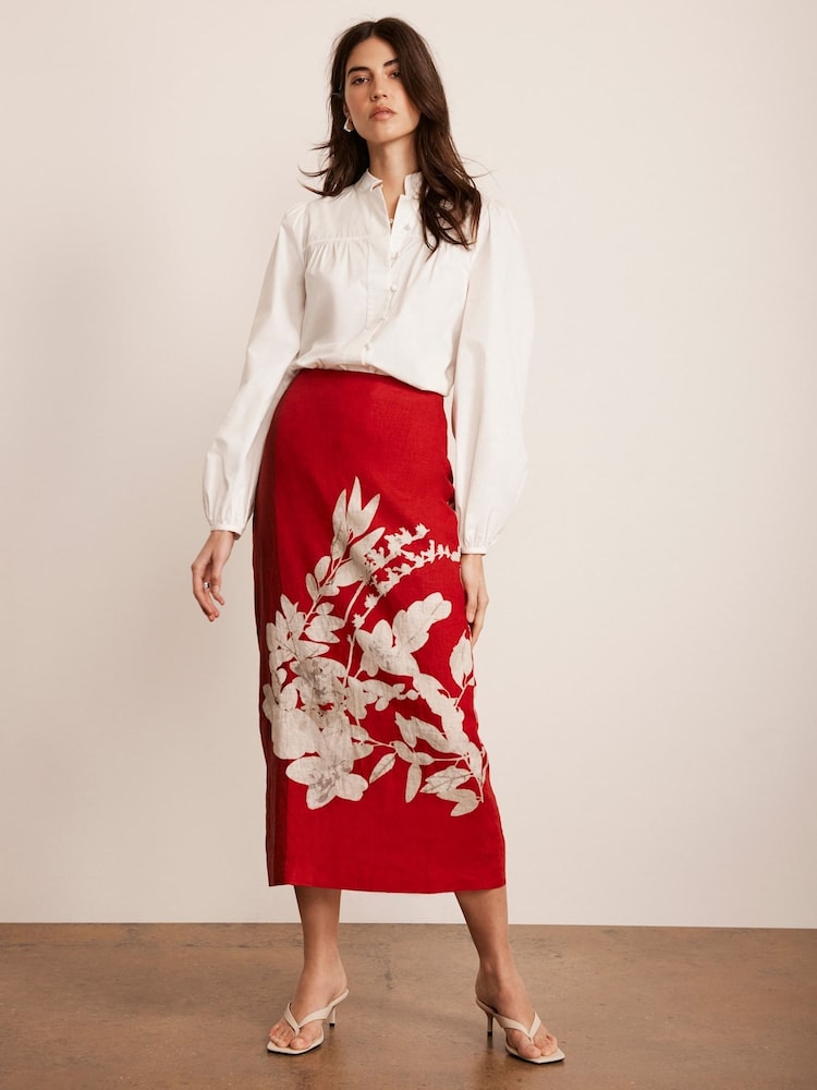 Mint Velvet Red Floral Print Pencil 100% Linen Skirt - Image 4 of 8