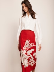 Mint Velvet Red Floral Print Pencil 100% Linen Skirt - Image 5 of 8