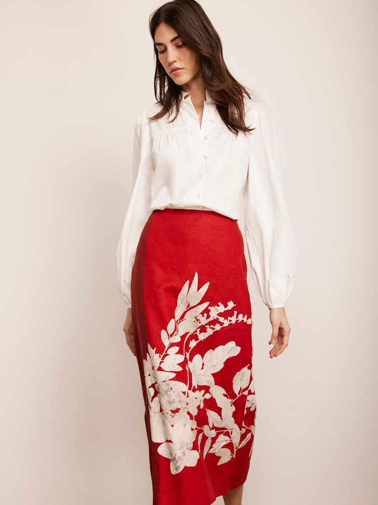 Mint Velvet Red Floral Print Pencil 100% Linen Skirt - Image 5 of 8