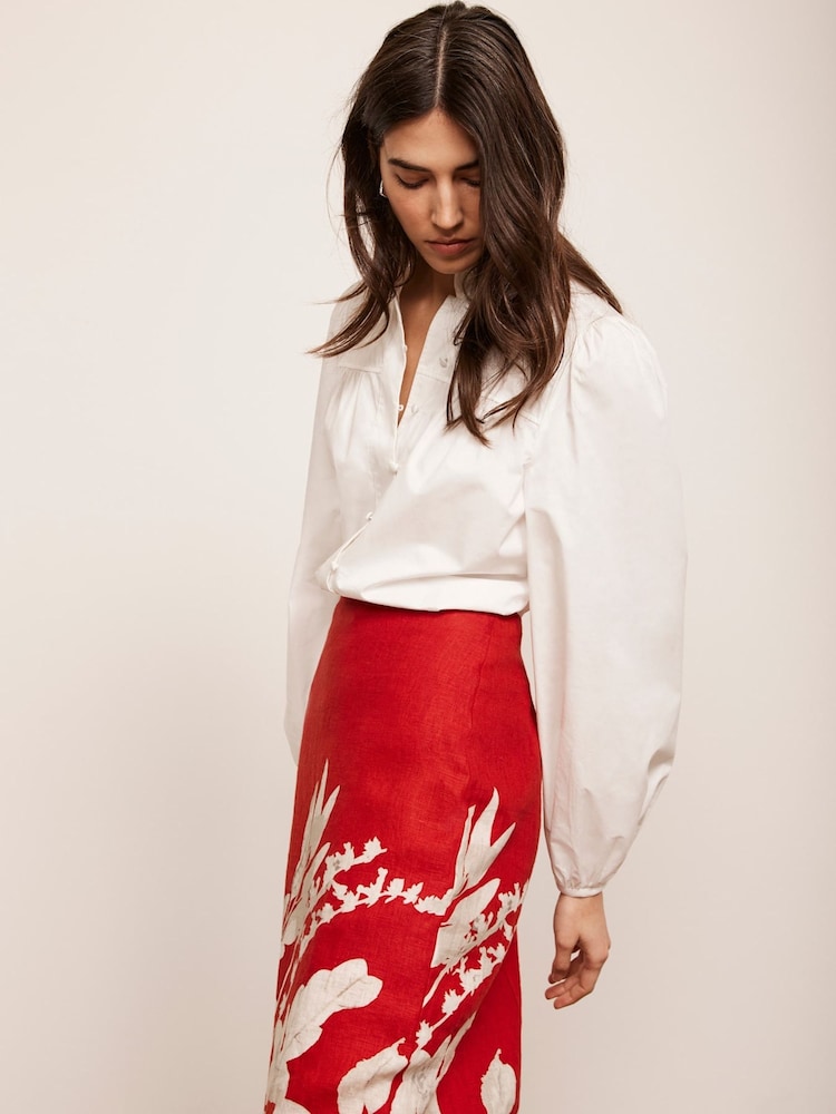 Mint Velvet Red Floral Print Pencil 100% Linen Skirt - Image 6 of 8