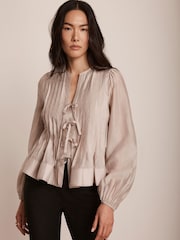 Mint Velvet Cream Tie Front Pleated Blouse - Image 1 of 8