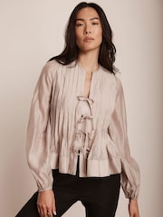 Mint Velvet Cream Tie Front Pleated Blouse - Image 3 of 8