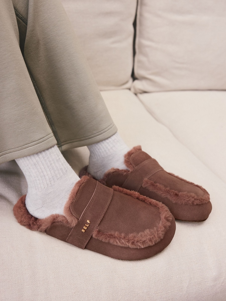 Marrón chocolate - self. Suede Faux Fur Footbed Slippers - Imagen 1 de 7