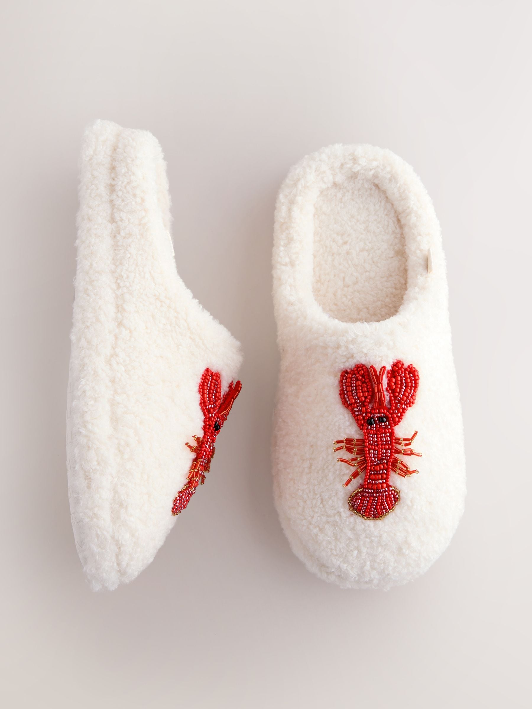 White Lobster Print Borg Mule Slippers