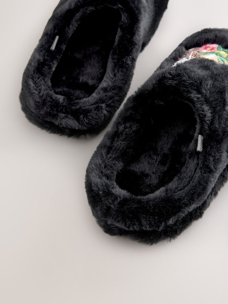 Schwarz - Mule Faux Fur Lepord Slippers - Bild 7 von 7
