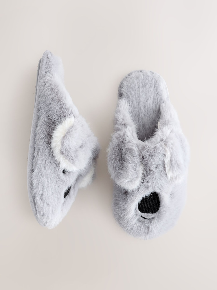 Grey Koala Faux Fur Mule Slippers - Image 1 of 8