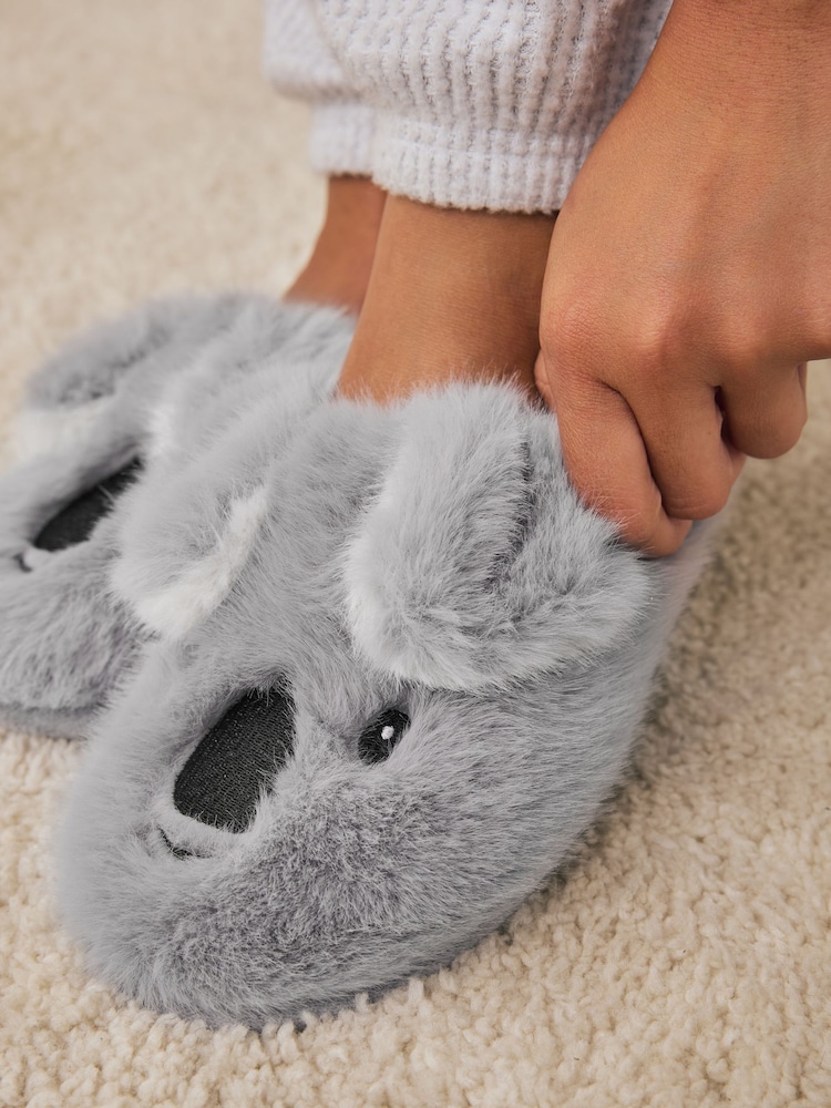 Grey Koala Faux Fur Mule Slippers - Image 8 of 8