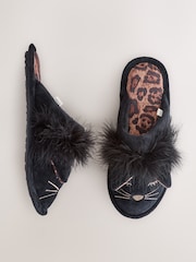 Black Cat Faux Fur Mule Slippers - Image 1 of 5