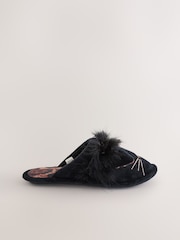 Black Cat Faux Fur Mule Slippers - Image 2 of 5