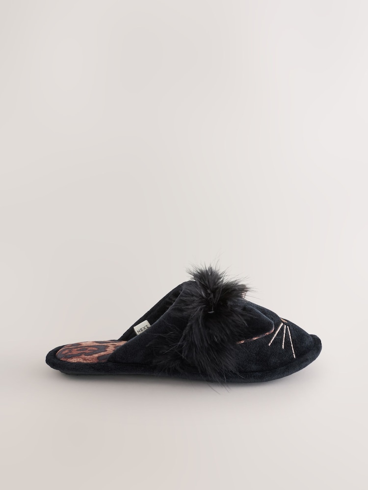 Black Cat Faux Fur Mule Slippers - Image 2 of 5
