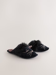 Black Cat Faux Fur Mule Slippers - Image 3 of 5