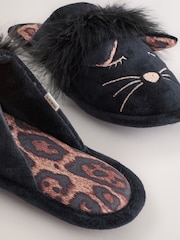Black Cat Faux Fur Mule Slippers - Image 4 of 5