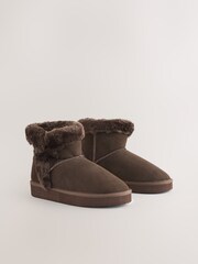 Chocolate Brown Suede Faux Fur Boot Slippers - Image 2 of 5