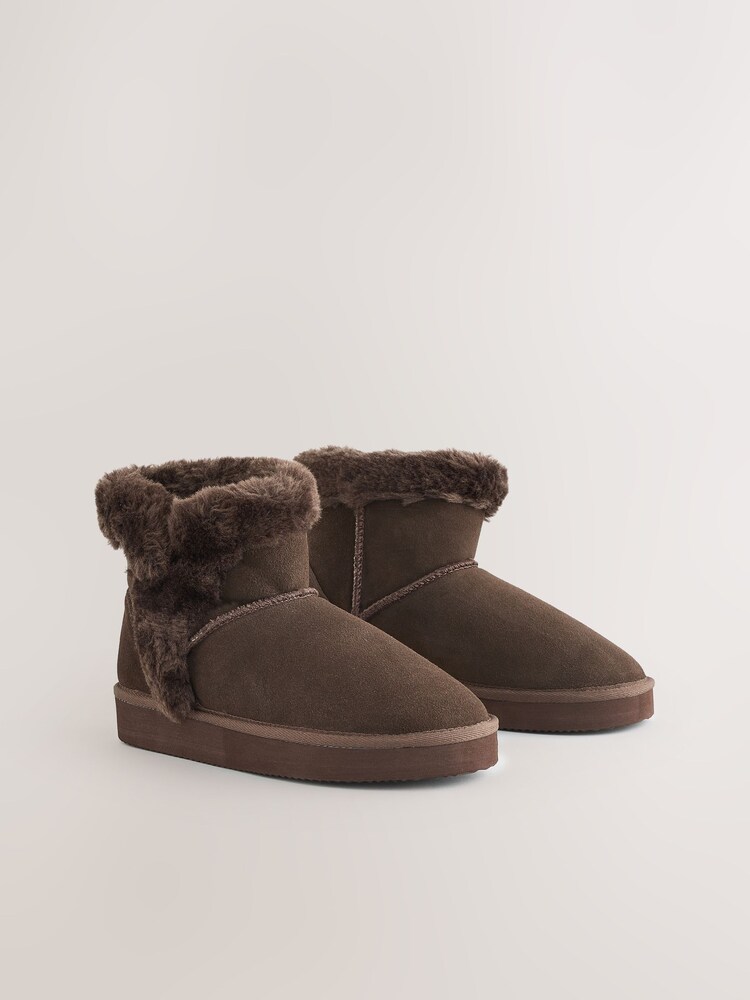 Chocolate Brown Suede Faux Fur Boot Slippers - Image 2 of 5