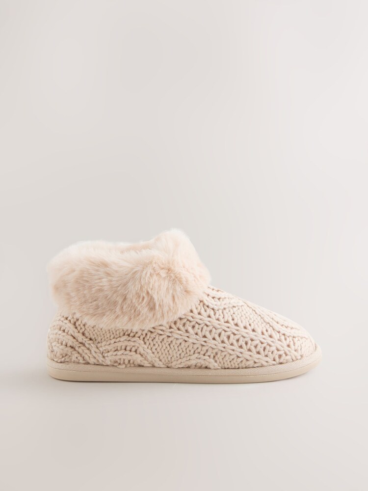Neutral Faux Fur Cable Knit Boot Slippers - Image 2 of 5