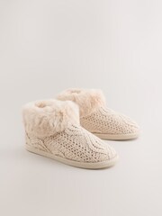 Neutral Faux Fur Cable Knit Boot Slippers - Image 3 of 5