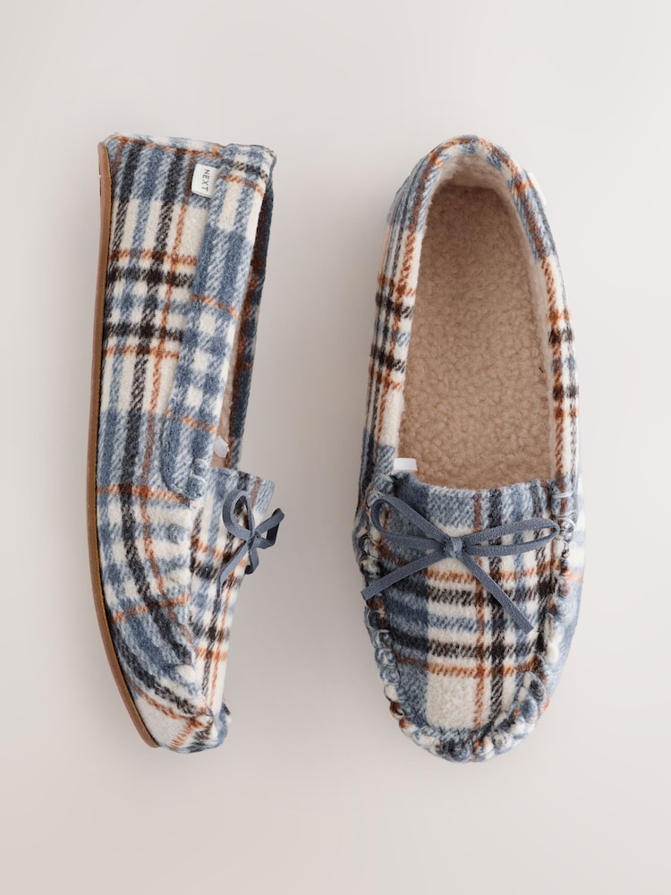 Blue Check Moccasin Brushed Slippers - Image 1 of 6