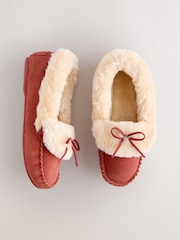 Rust Red Moccasin Faux Fur Suede Slippers - Image 1 of 7